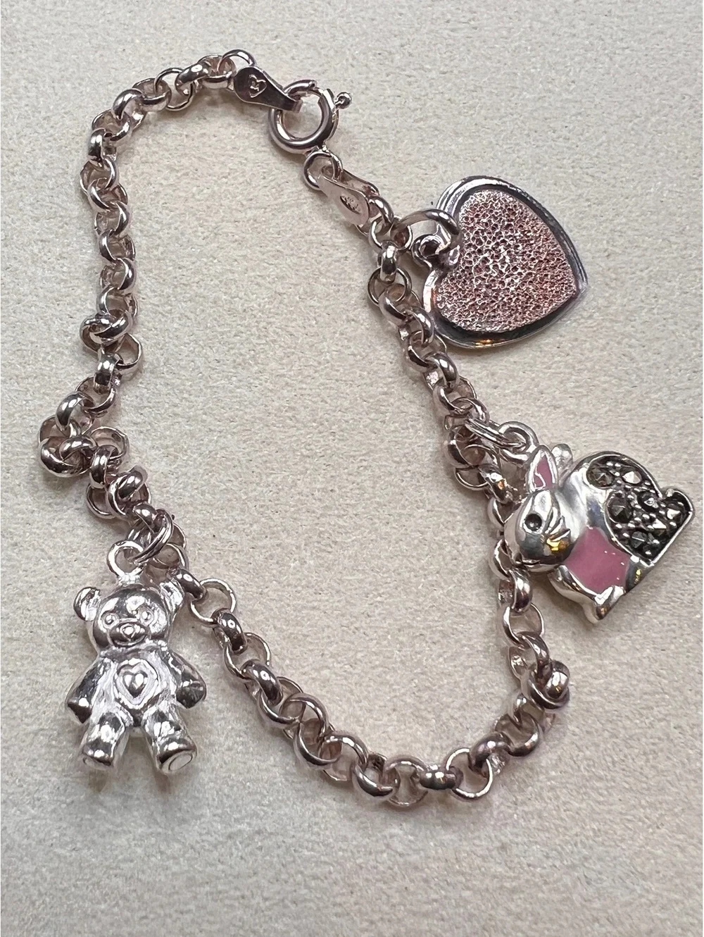 Charm Bracelet Teddy Bunny Heart Stefani Argento 925 Italy Sterling Silver